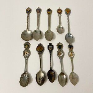 Vintage Lot of 10 Souvenir Spoons Nevada Florida Miami Lake Placid Flaws